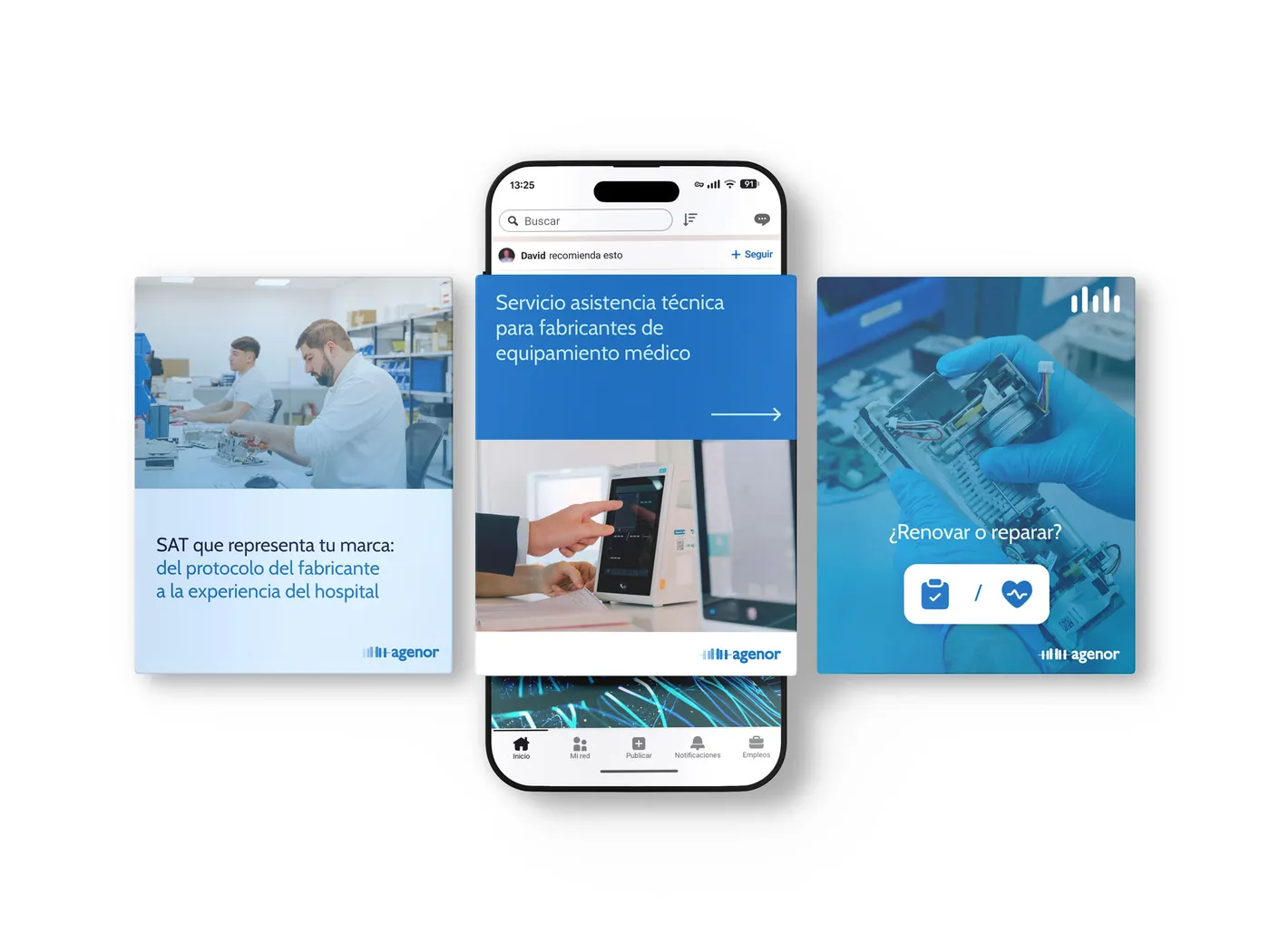 Publicaciones de Agenor en LinkedIn sobre servicio técnico para fabricantes de equipamiento médico y la decisión de renovar o reparar