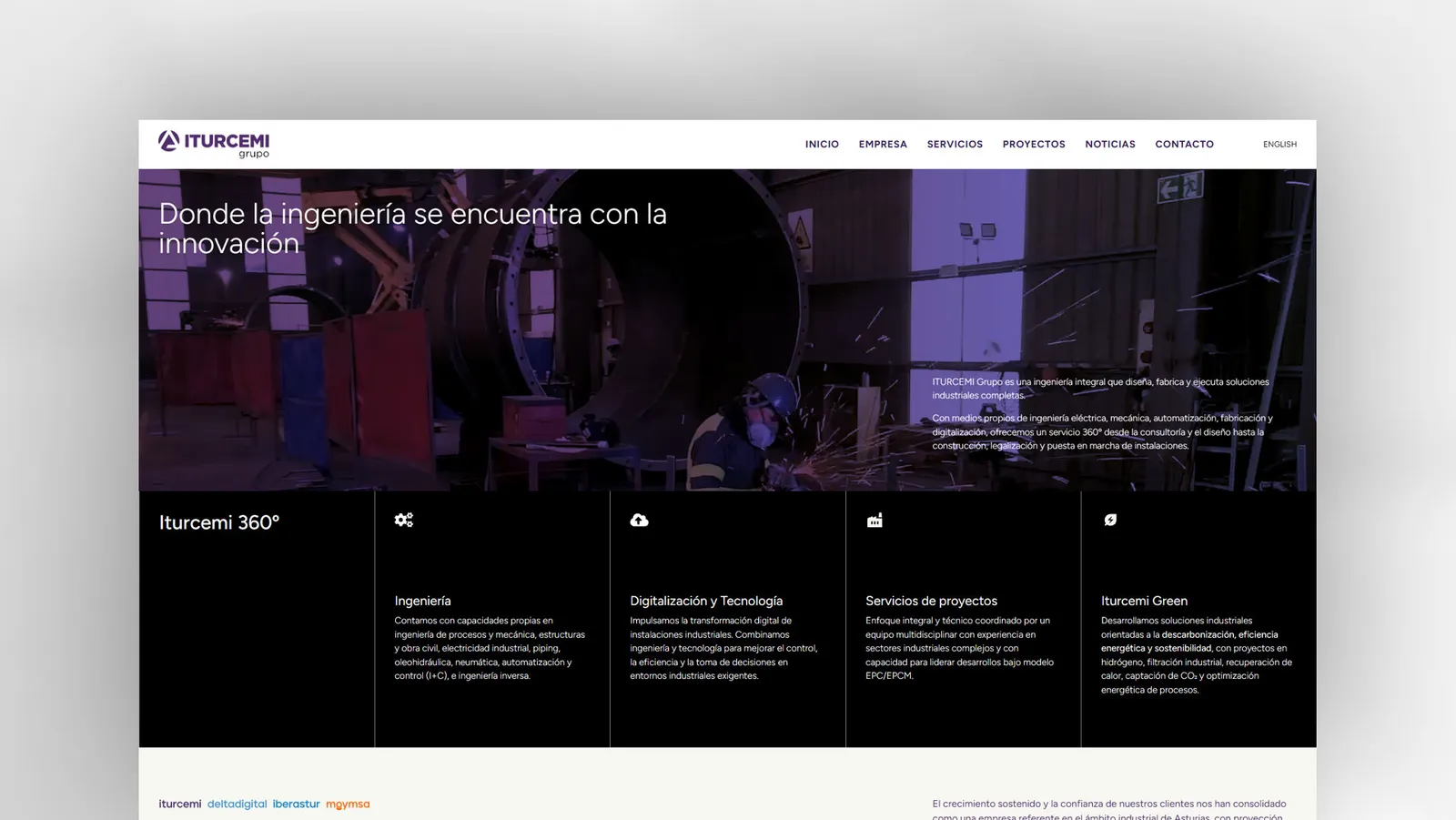 Home de la web de Iturcemi Grupo: «Donde la ingeniería se encuentra con la innovación» sobre un operario soldando una gran estructura
