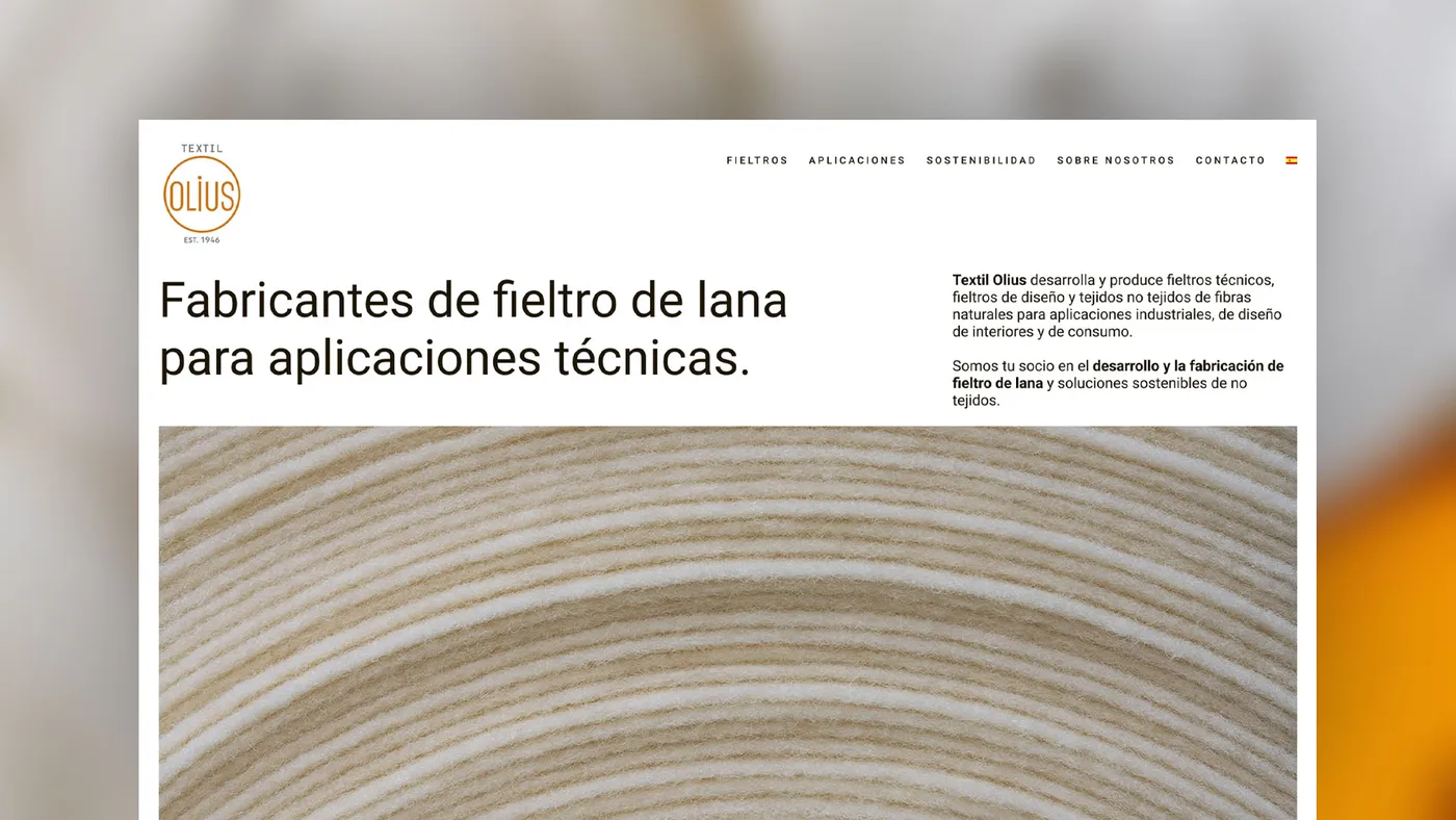 Cabecera de la web de Textil Olius: «Fabricantes de fieltro de lana para aplicaciones técnicas»