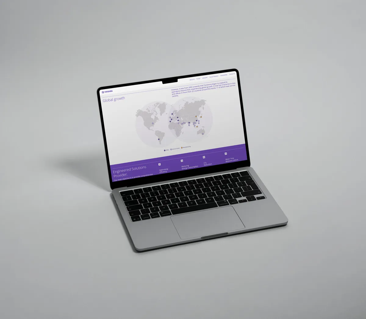 Página de crecimiento global de Torishima, con el mapa de oficinas, centros de servicio y fábricas en más de 25 países
