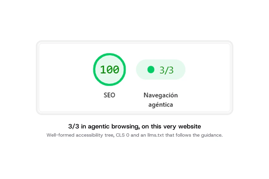 Detail of the PageSpeed Insights result for sakudarte.com: 100 in SEO and 3/3 in agentic browsing
