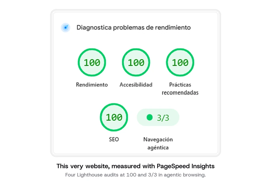 PageSpeed Insights result for sakudarte.com: 100 in performance, accessibility, best practices and SEO, and 3/3 in agentic browsing