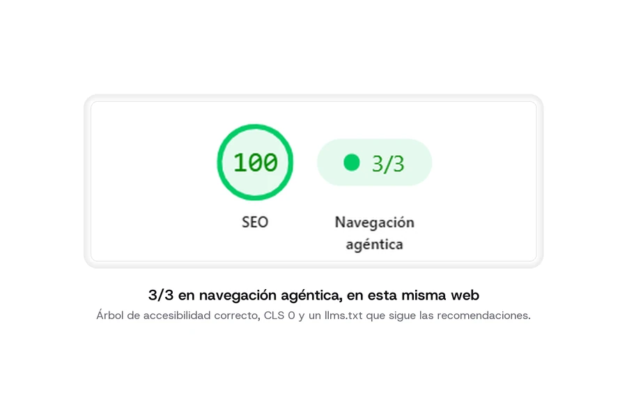 Detalle del resultado de PageSpeed Insights de sakudarte.com: 100 en SEO y 3/3 en navegación agéntica